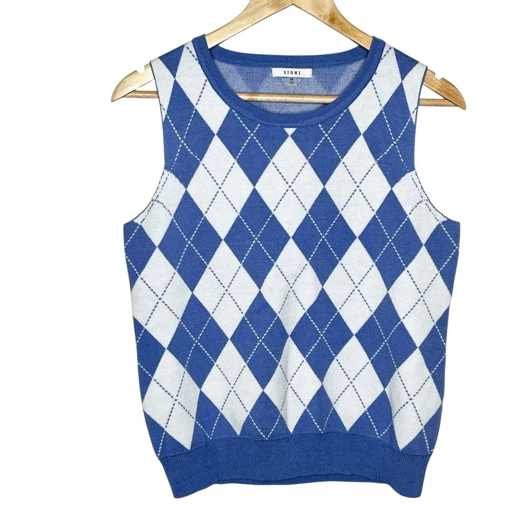 Sioni Argyle Sleeveless Sweater Blue Womens M Vest Preppy Academia Tenniscore